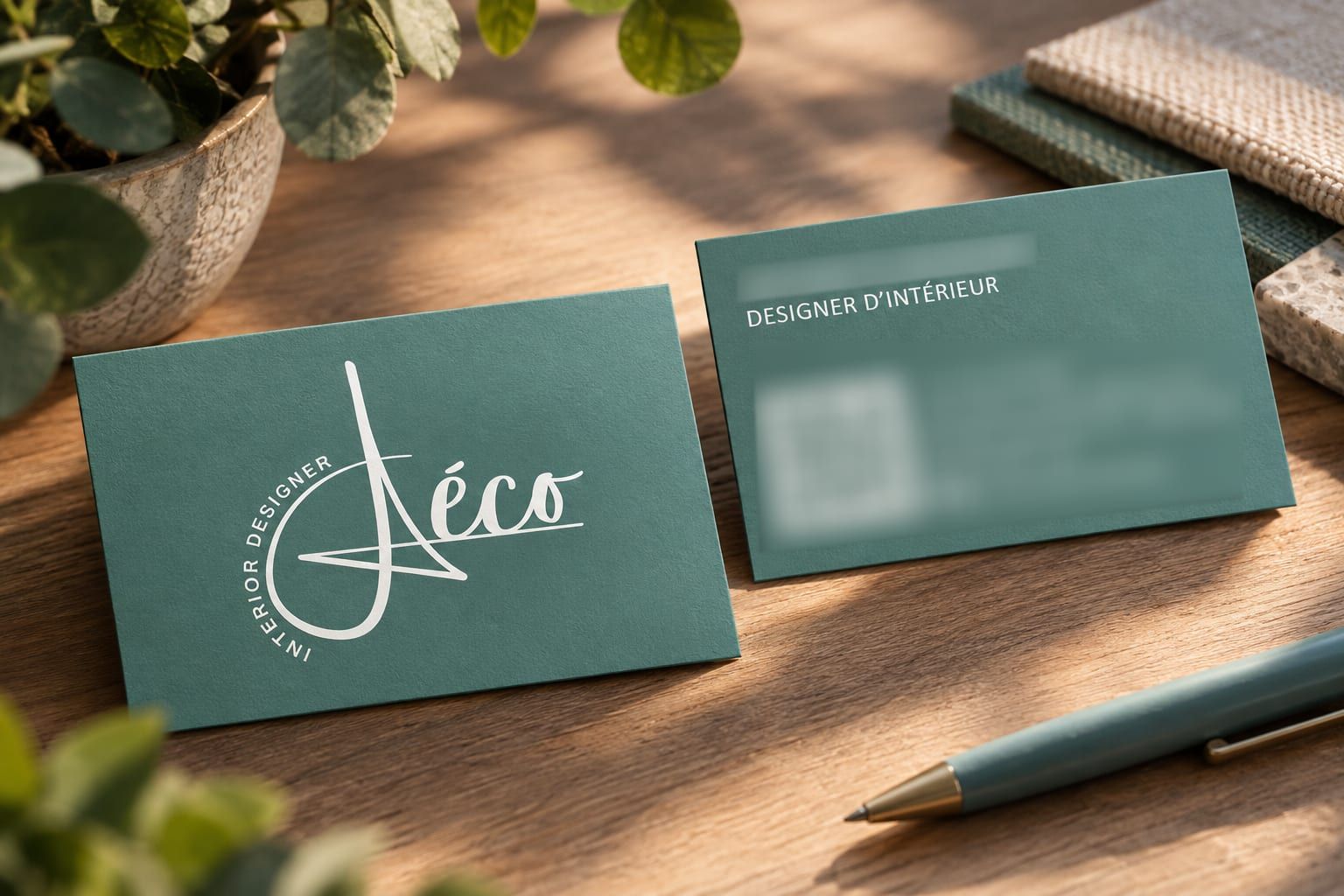 Cartes de visite vert sapin : logo manuscrit blanc au recto, coordonnées floutées au verso