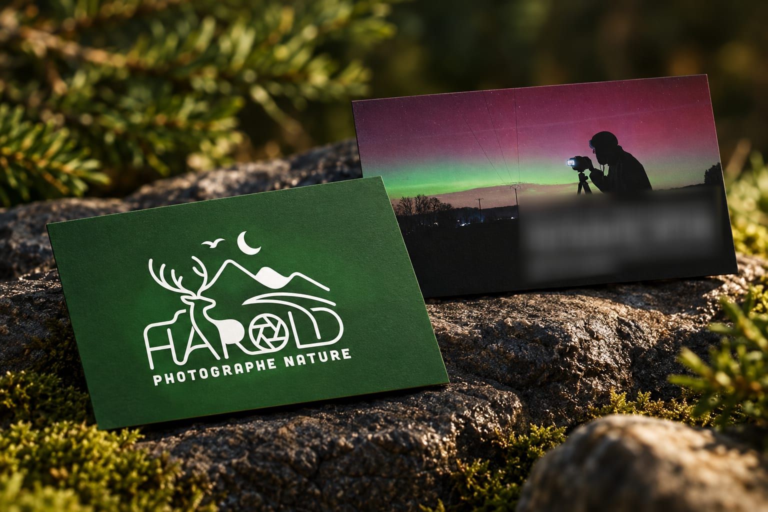 Cartes de visite : recto vert avec le logo blanc, verso avec une photo d'aurore boréale et un photographe en silhouette, coordonnées floutées