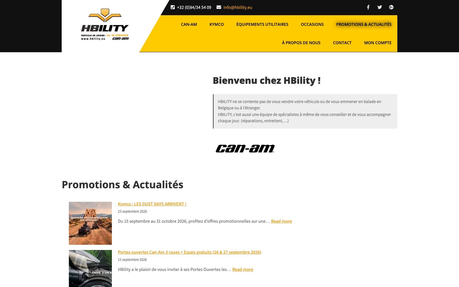 Page d’accueil du site HBility : menu jaune, texte de bienvenue et actualités