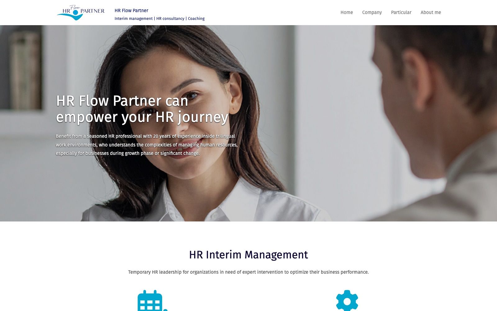 Page d’accueil du site HR Flow Partner : photo en bandeau et présentation du conseil RH