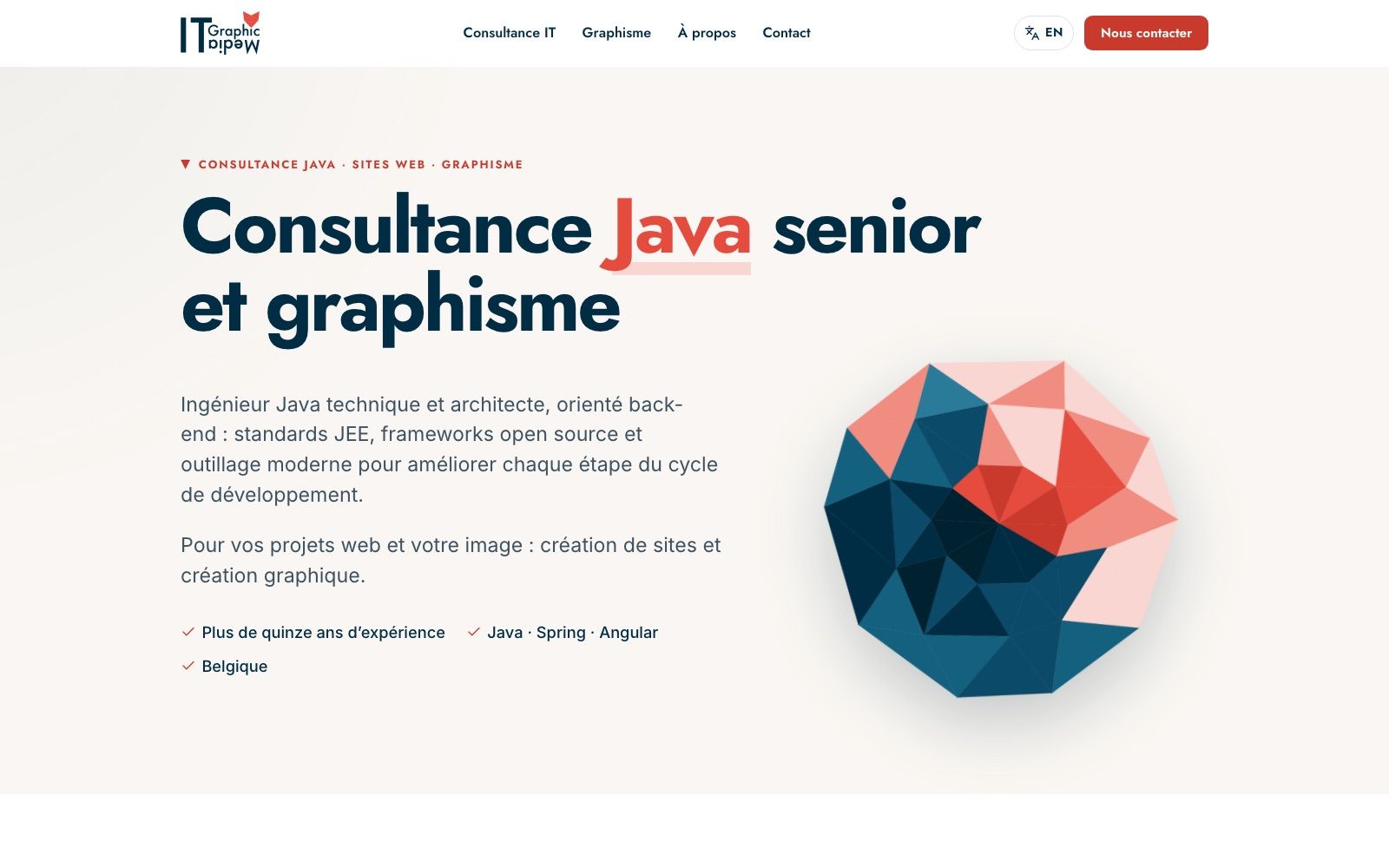 Page d’accueil du site IT Graphic Media : titre « Consultance Java senior et graphisme » et motif à facettes