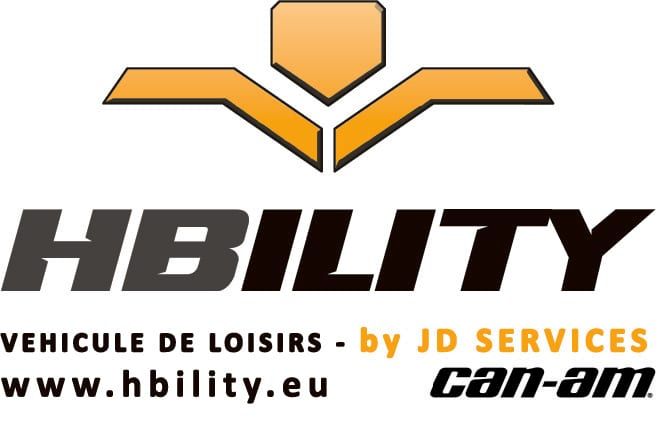 Logo HBility : emblème doré en chevron, nom en grandes lettres noires, mention « véhicule de loisirs by JD Services » et logo Can-Am