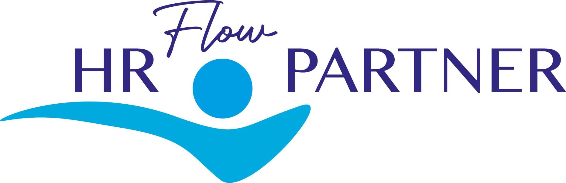 Logo HR Flow Partner : nom en lettres bleu nuit, silhouette stylisée sur une vague bleue
