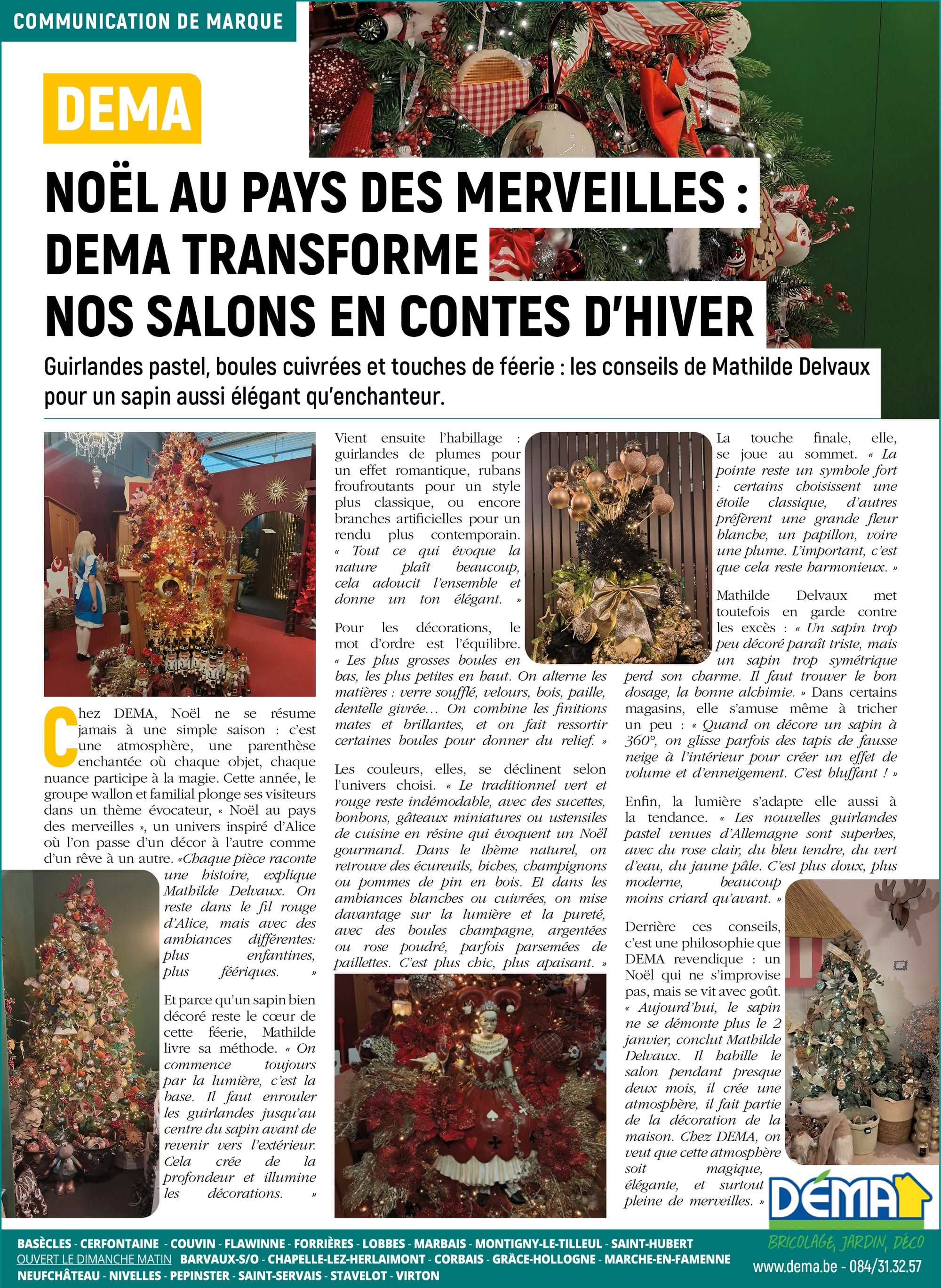 Page de magazine sur la décoration de Noël : titre, sapins décorés et conseils