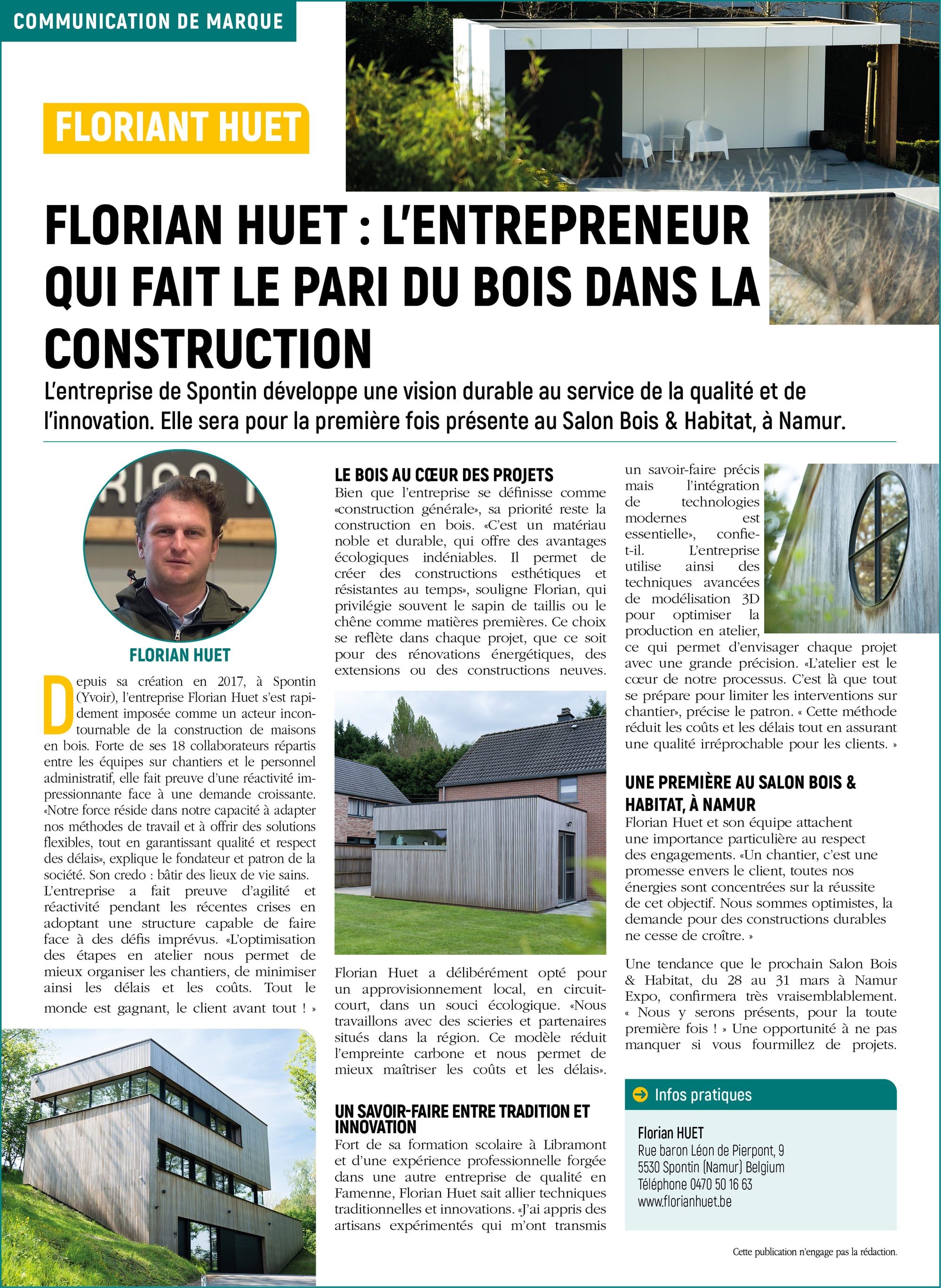 Page de magazine consacrée à un entrepreneur de la construction bois : titre, portrait et photos de réalisations