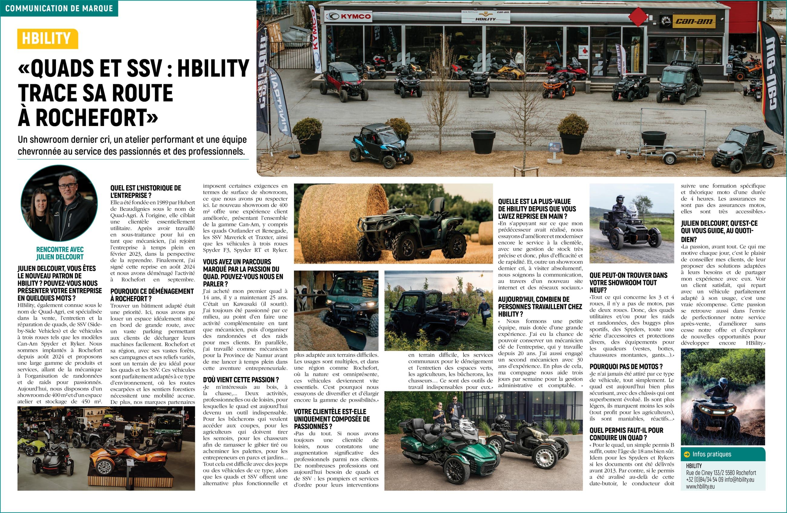 Double page de magazine : titre, photos d'un showroom de quads et de SSV, interview du dirigeant