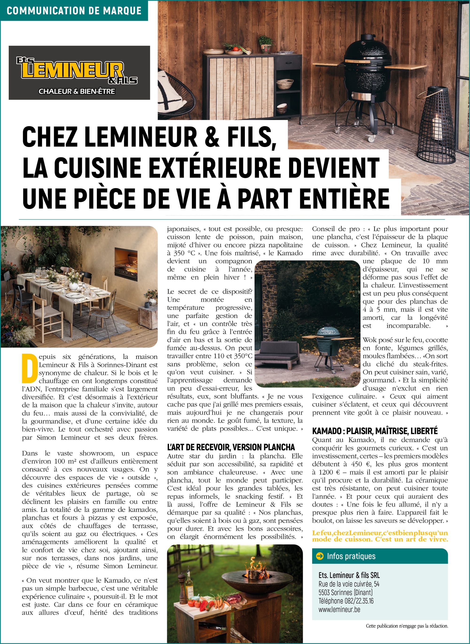 Page de magazine sur la cuisine d'extérieur : titre, photos de barbecue et de terrasses, encadré d'informations pratiques