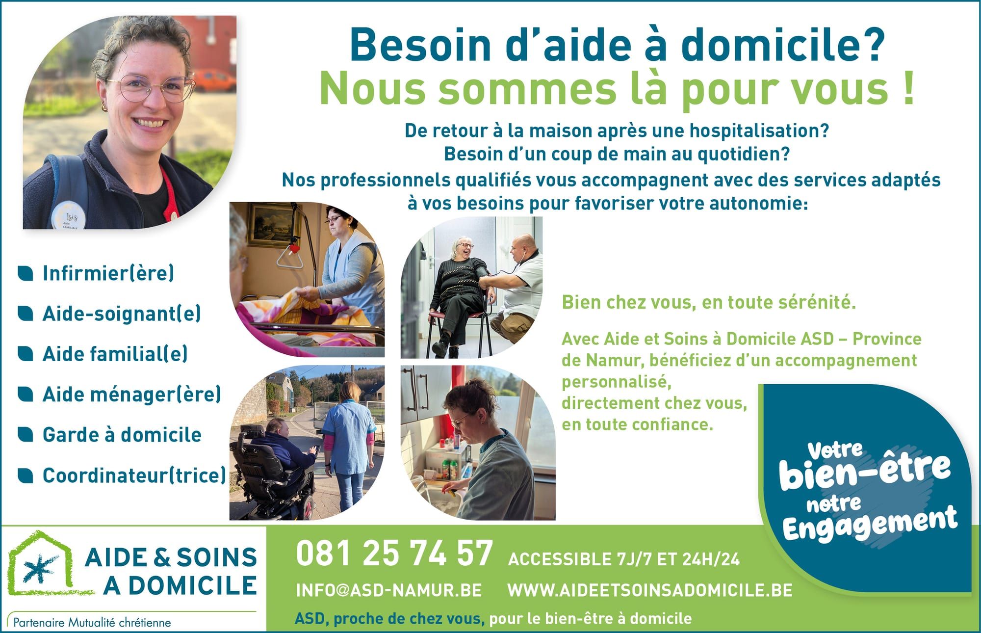 Publicité verte et bleue : portrait d'une soignante, liste des métiers, photos de soins à domicile et coordonnées