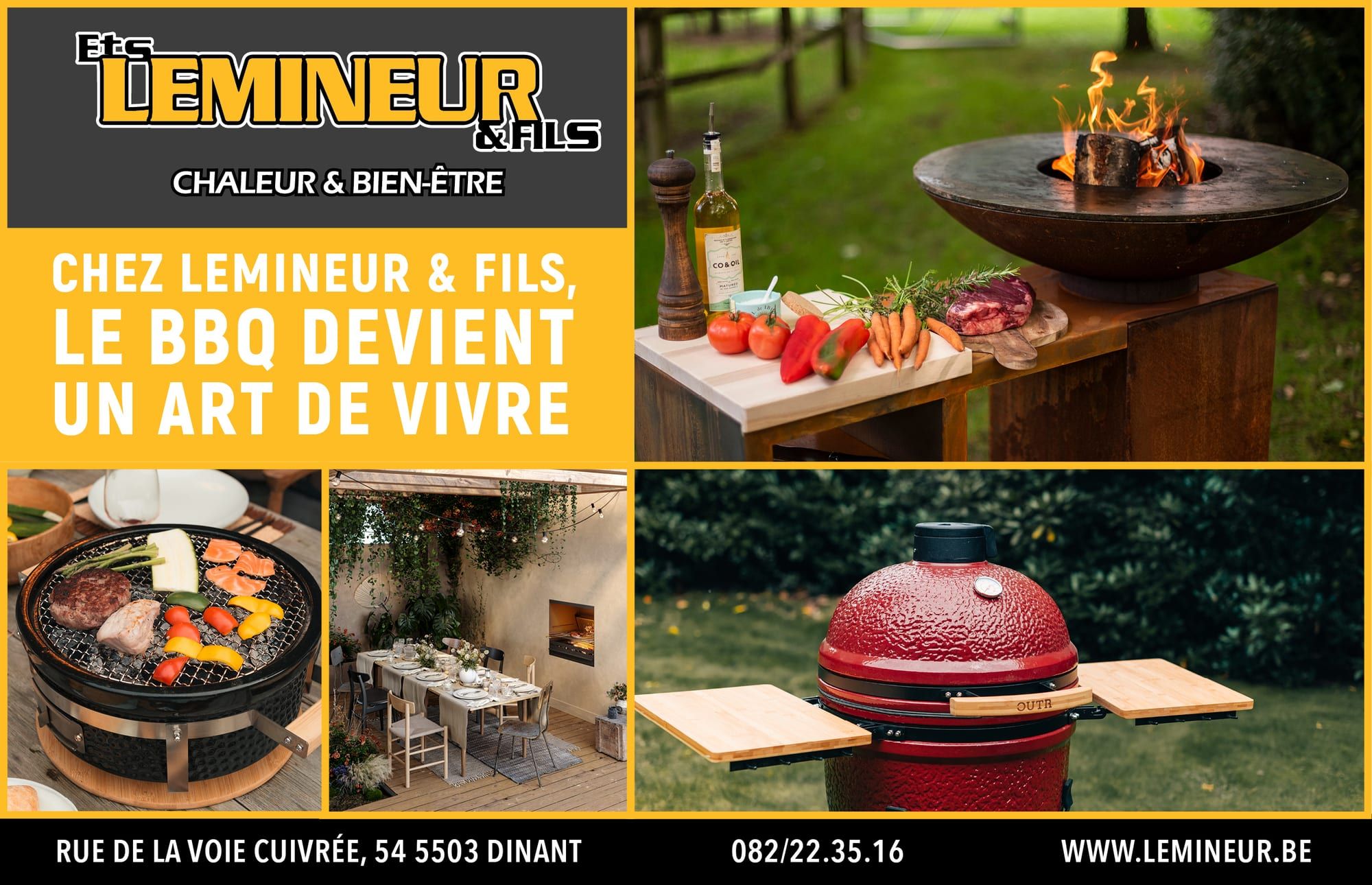 Publicité en demi-page : logo, accroche « Chez Lemineur & Fils, le BBQ devient un art de vivre » et quatre photos de barbecues et de table d'extérieur