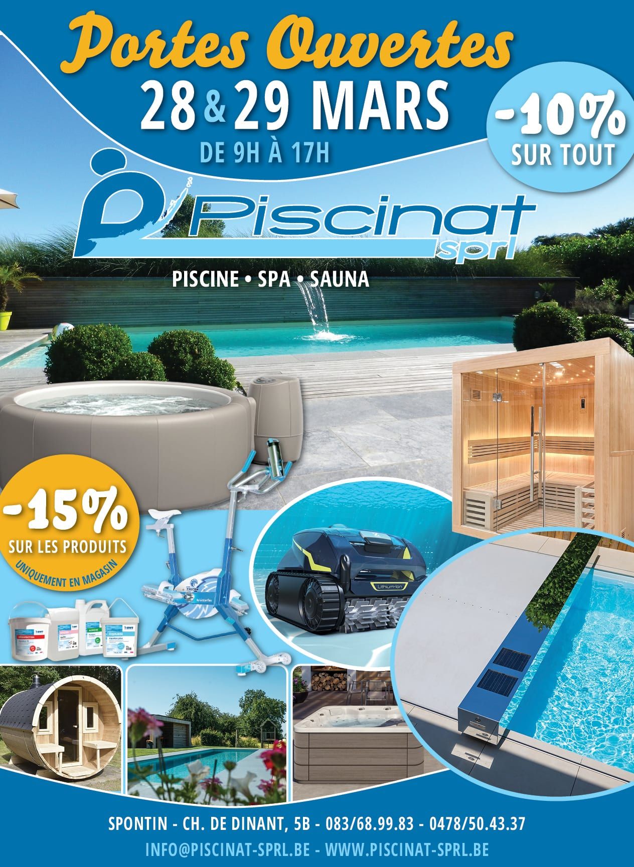 Publicité bleue « Portes ouvertes 28 et 29 mars » avec piscine, spa, sauna et promotions